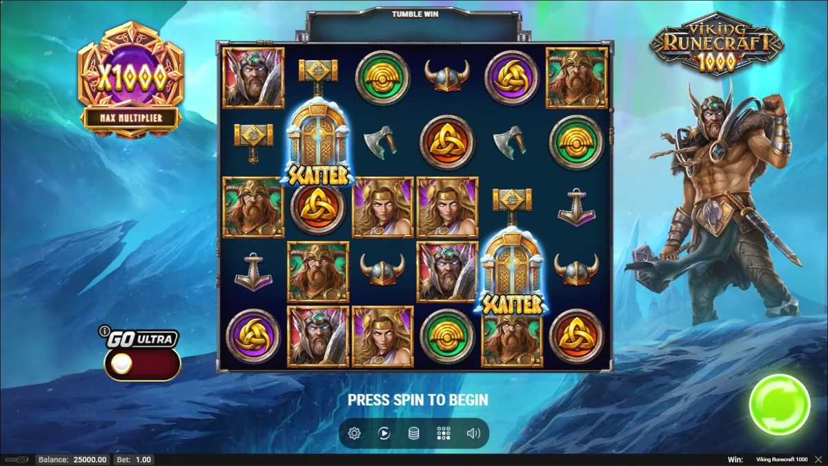 Interface do slot Viking Runecraft 1000 com deuses nórdicos e símbolos de runas
